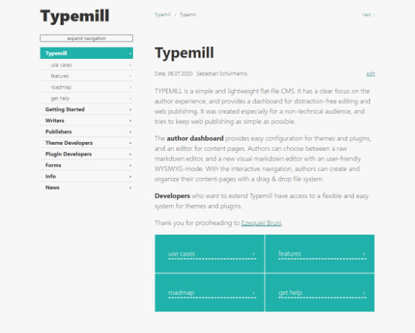 the Typemill documentation page