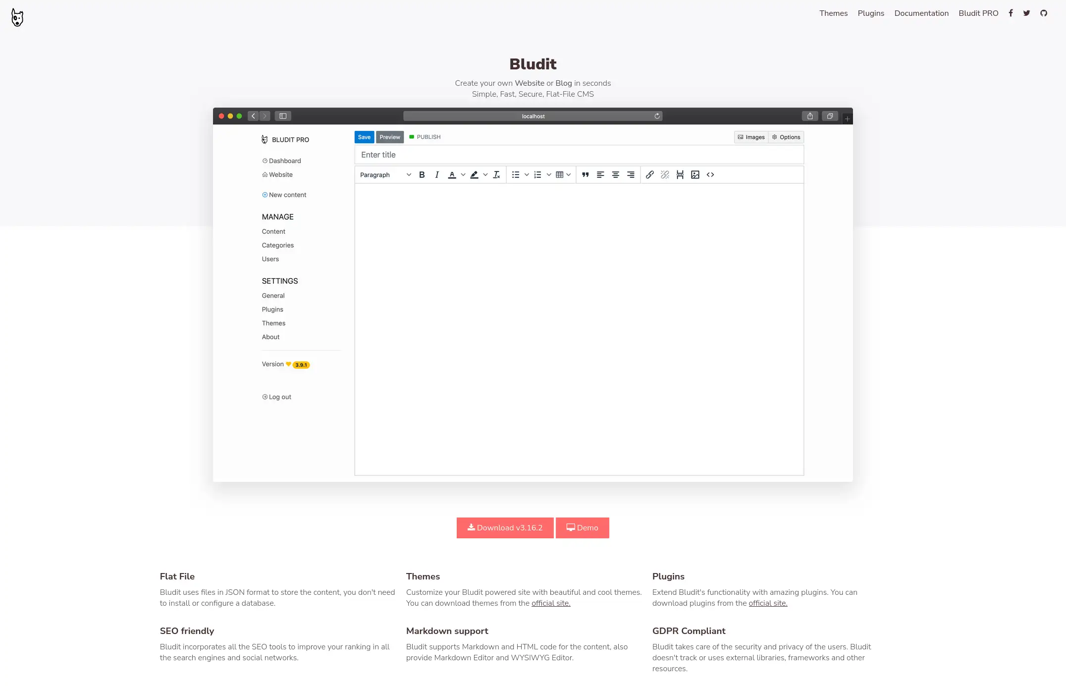A screenshot of the Bludit home page
