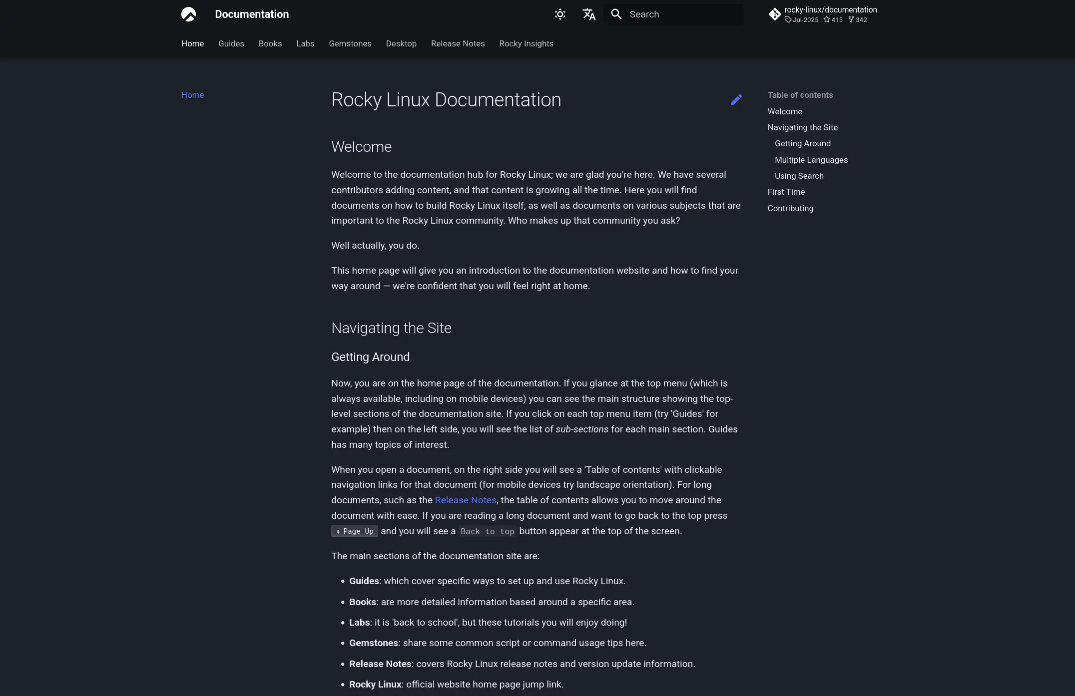 A screenshot of the Rocky Linux documentation site