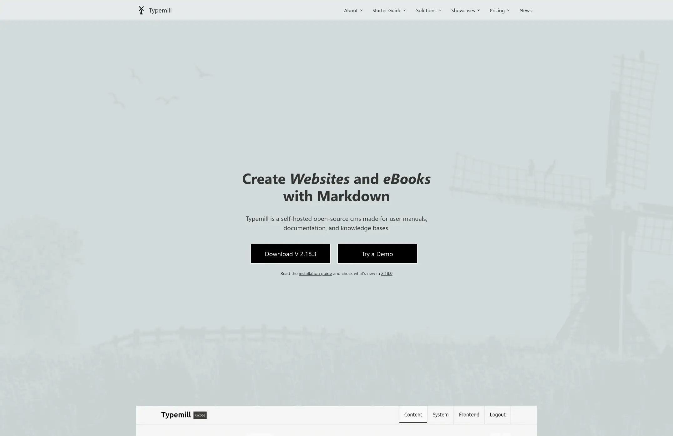 A screenshot of the Typemill home page