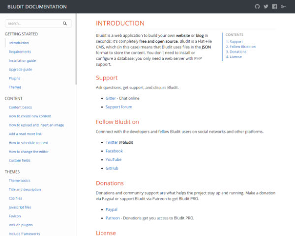 the Bludit documentation page